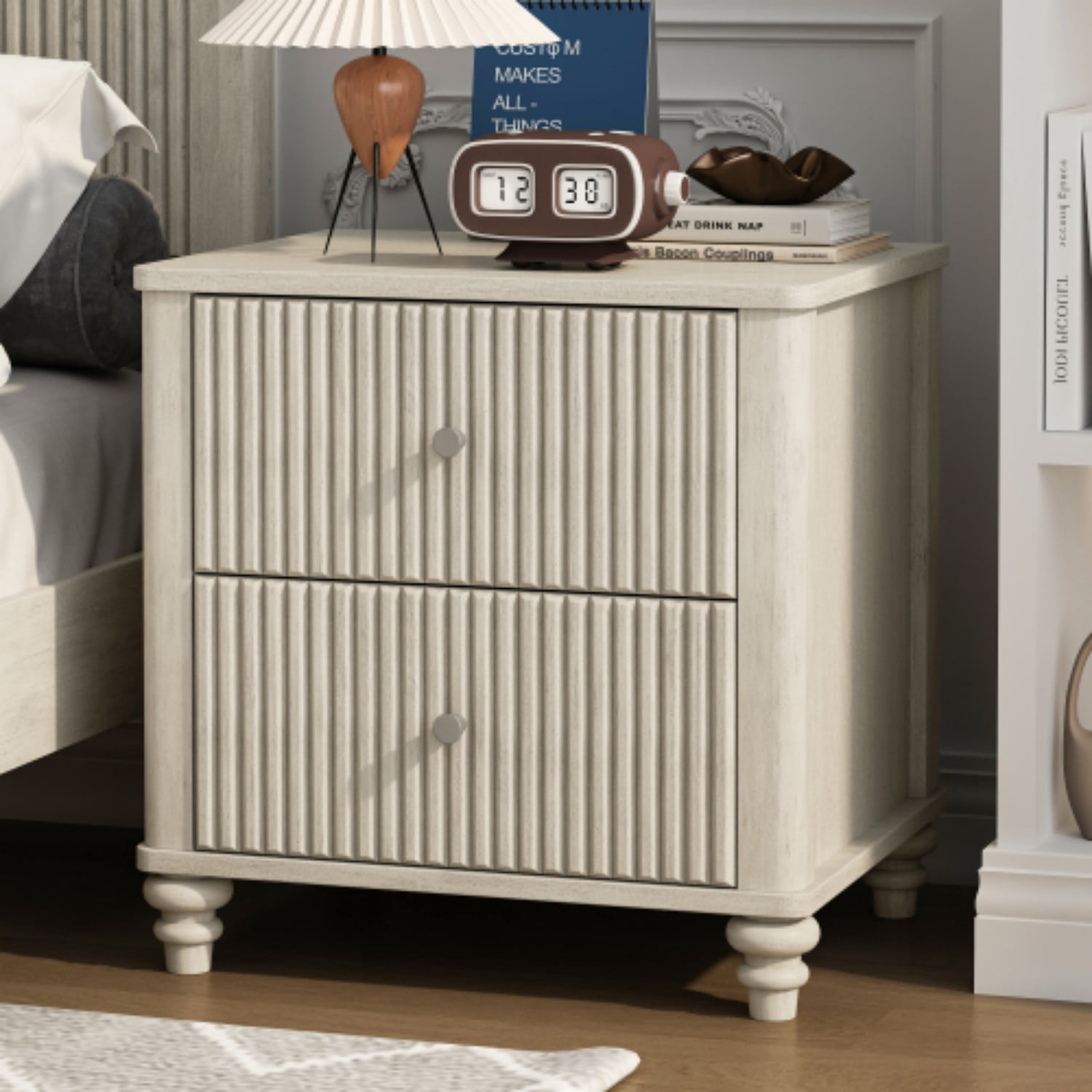 Fluted Nightstand, 21.65" Wide Mid Century Modern Bedside Table with 3 Drawers, Wood Storage End Table with Metal Handles for Bedroom Living Room, Beige