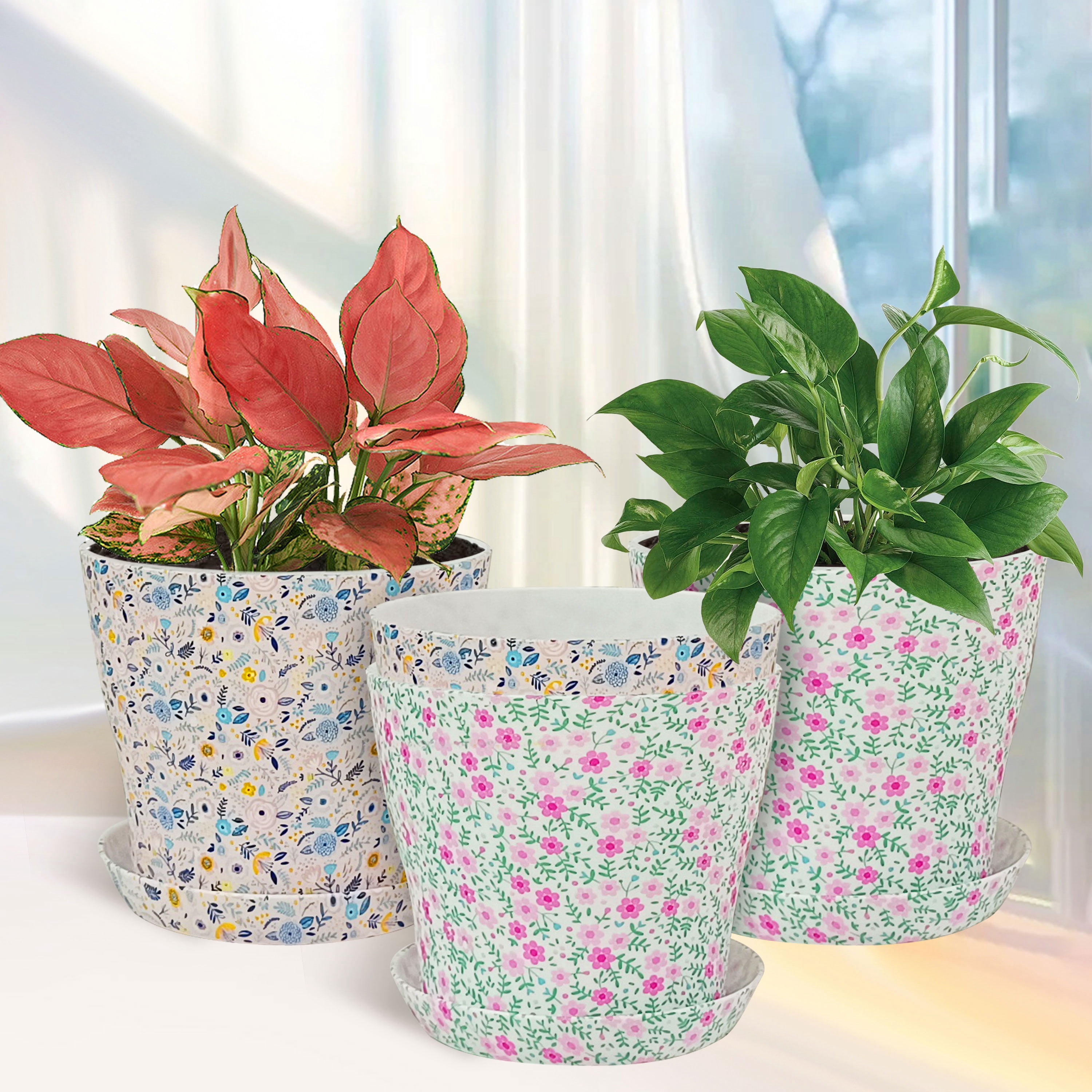 Set of 4 Plastic Printed Planters with Drainage Holes and Saucers,Diam 4.7Inch Home Decor Flower Pots for Indoor Planter - Plastic Planters Pot for Indoor Plants, Cactus, Succulents