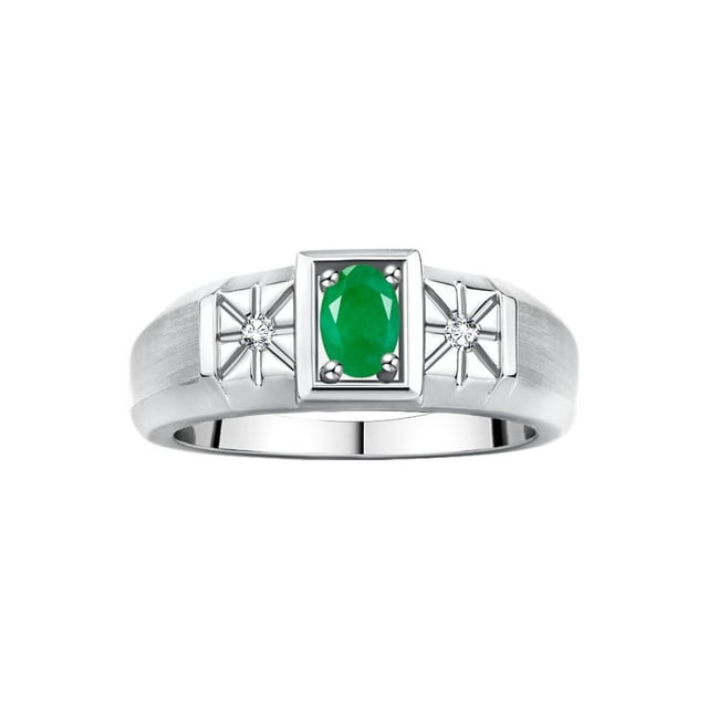 RYLOS Men's Rings Sterling Silver Classic 6X4MM Oval Gemstone & Diamond Ring Emerald May Birthstone Rings For Men, Silver Rings, Size 8