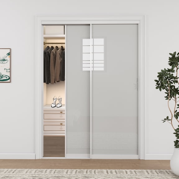 48'' x 80'' Bypass Sliding Closet Door,Tempered Frosted Glass & White Aluminum Frame, Pre-assembled Door Panels for Easy Installation