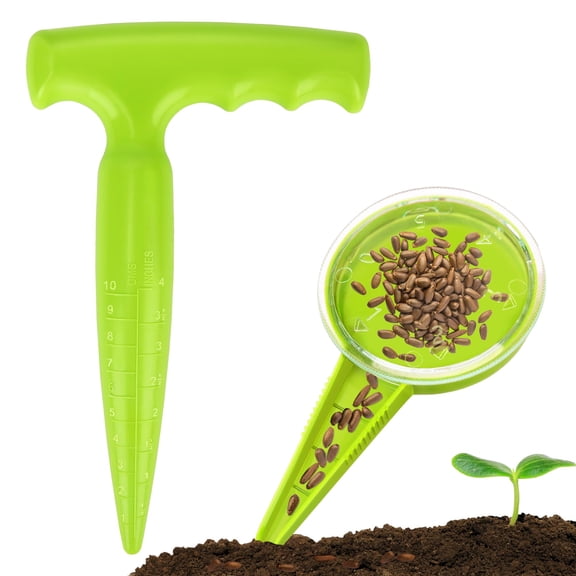 Seed Planter Tool and Garden Dibber Set, 12PCS Seed Sower with 5 Dial Settings, Handheld Soil Hole Puncher with Depth Markers and 10 Plant Labels, Green