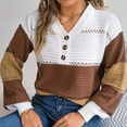 thumbnail image 4 of XPMWRP Women's Hallow Out Button Down Sweaters Crochet Striped Sweater Lightweight Henley Neck Pullover Tops Trendy Color Block Brown L, 4 of 8