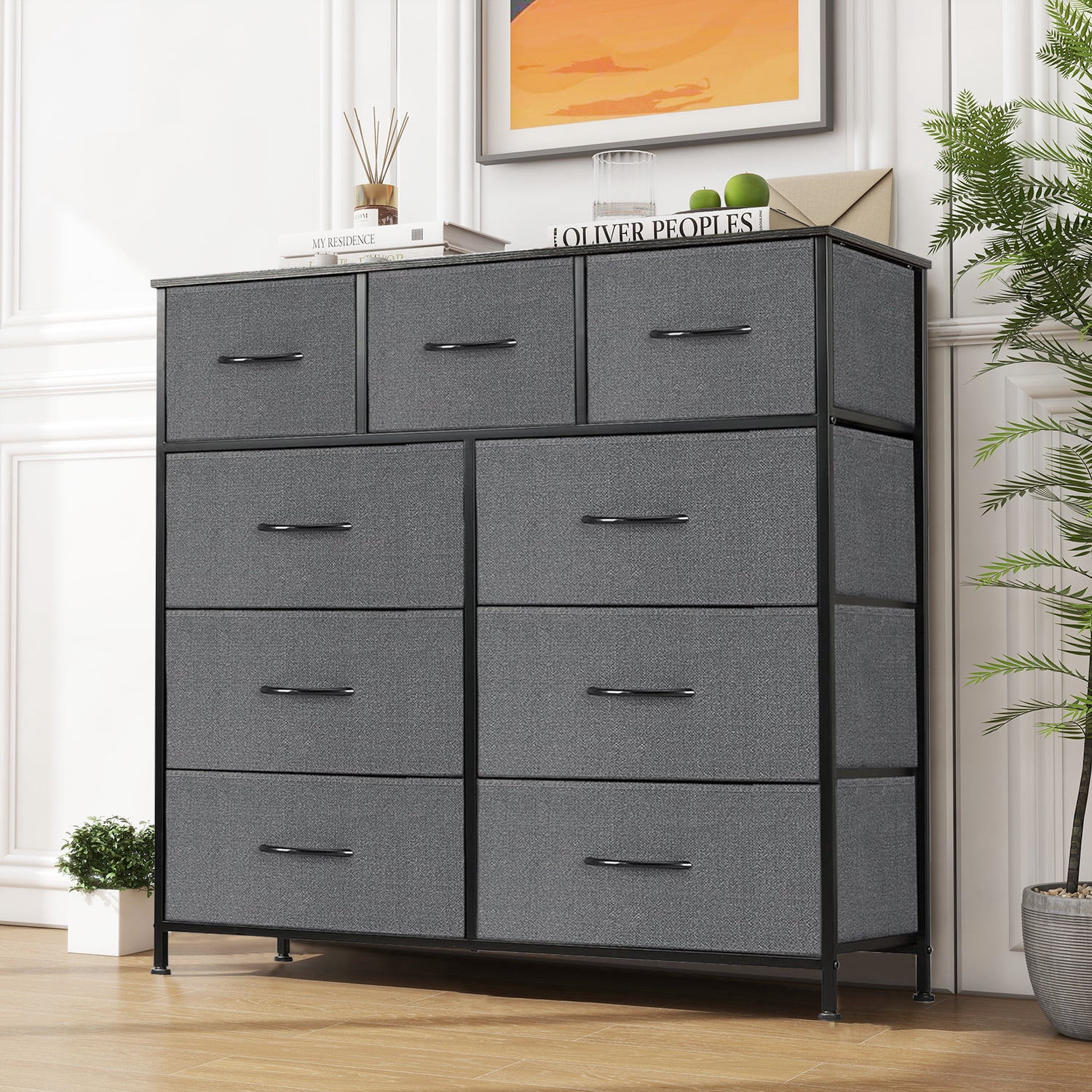 9-Drawer Fabric Dresser with Wood Top - Compact Storage Organizer for Bedroom, Closet, Grey