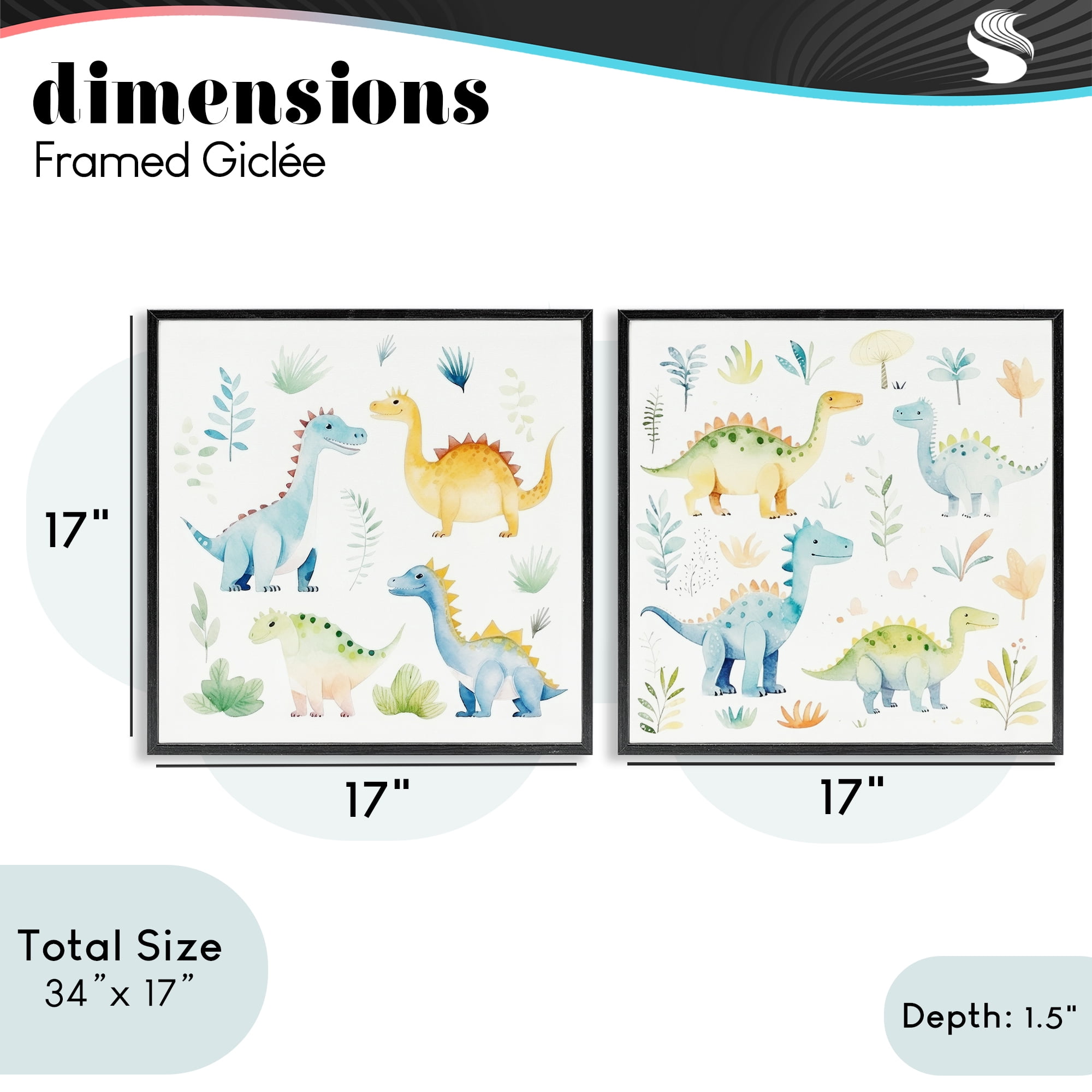Stupell Industries Playful Dinosaur Wonders 2 Piece Black Framed Giclee Art Set, design by Lazar Studio