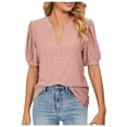 thumbnail image 2 of OSOLU Women Summer Casual V-Neck Solid Color Hollow Puffy Sleeve Loose T-Shirt Tshirts Tee Tops Breathable Dailywear, 2 of 3