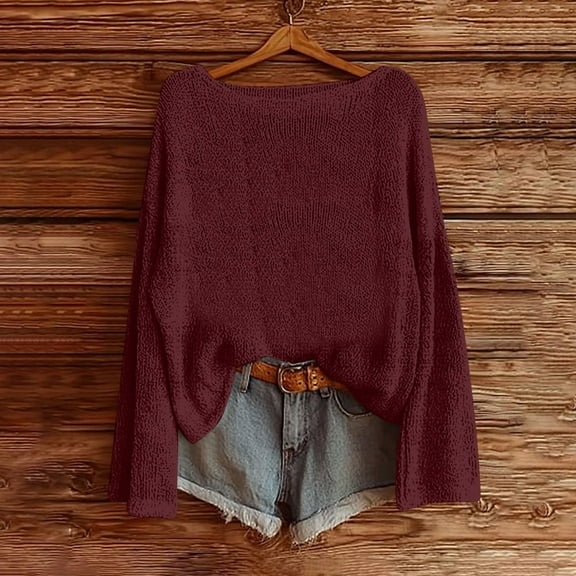 Ayfxijin Pullover Sweaters for Women,Women's Solid O-Neck Long Sleeve Pullover Sweater Knit Fall Tops Hippie Clothes