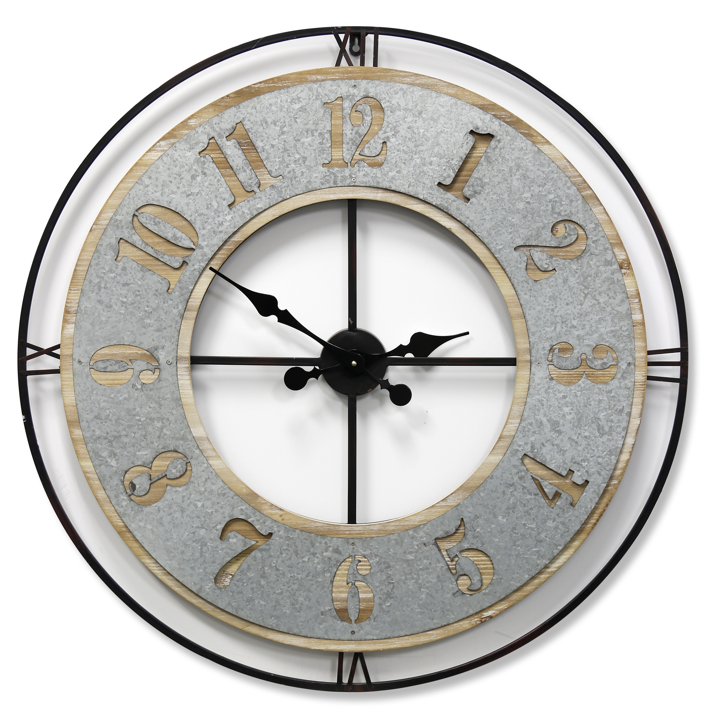 Round Open Frame Mix Material Wall Clock Matte Black and Natural