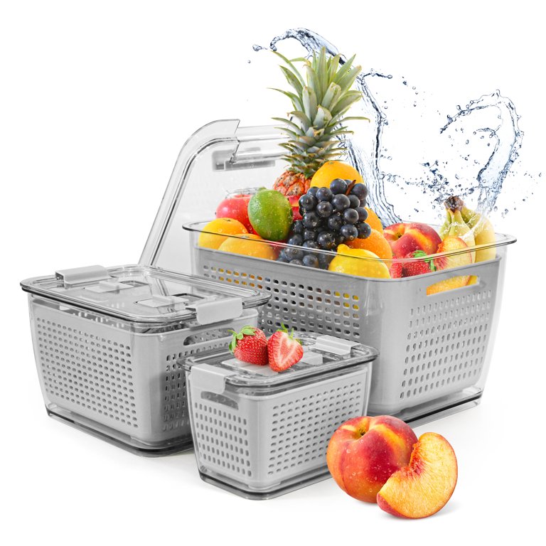 Fresh Container with Vents,3 Pack - Produce Saver Container Vegetable Fruit  Partitioned Storage Container Stay Fresh Organizer for Refrigerator, Gray