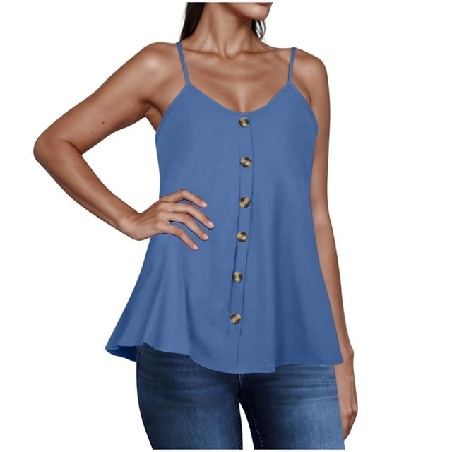 ameIAEA Spaghetti Strap Tops for Women Summer Sleeveless Loose Tank Tops Solid Color Button Shirts