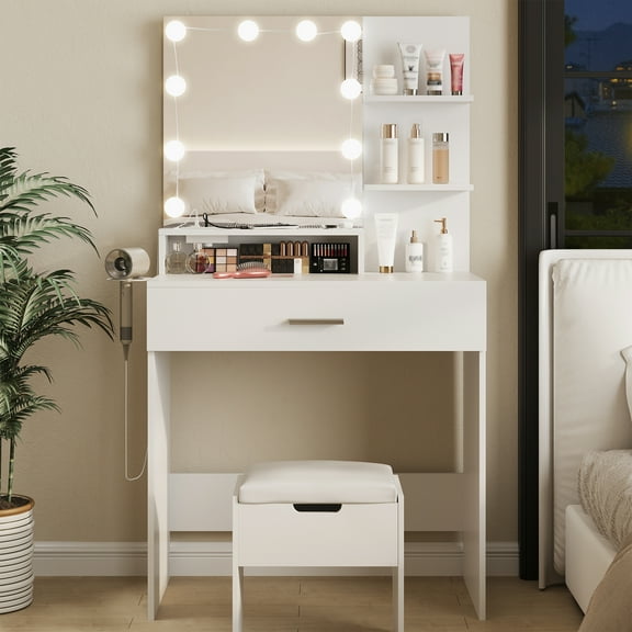 VEANERWOOD Makeup Vanity Table with Lighted Mirror & Power Strip, White Vanity Set with Large Storage, 3 Lighting Modes, 31.5 inch, White