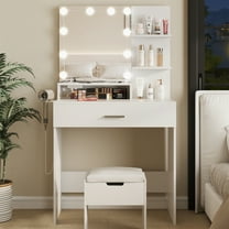 VEANERWOOD Makeup Vanity Table with Lighted Mirror & Power Strip, White Vanity Set with Large Storage, 3 Lighting Modes, 31.5 inch, White