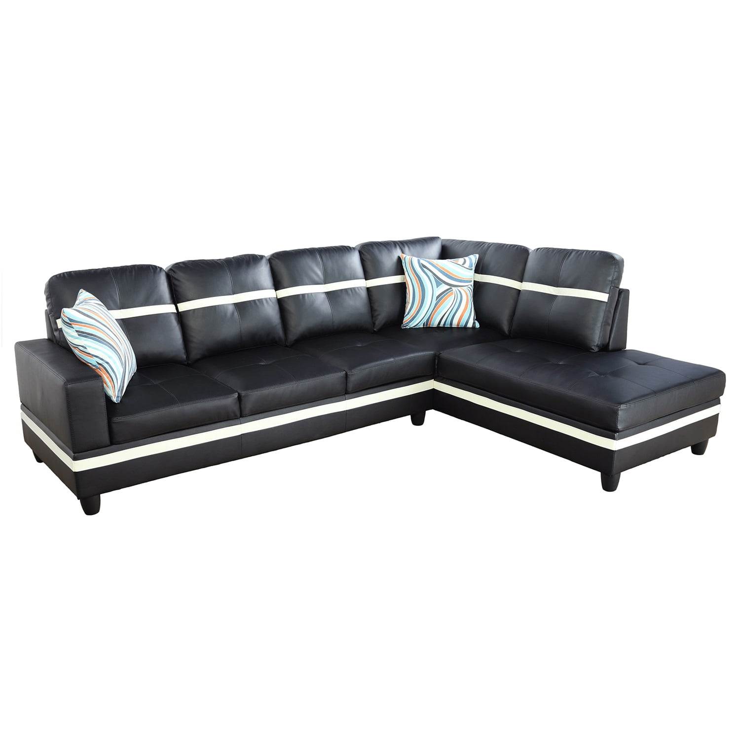 Hommoo L Shaped Sectional Couches and Sofas, 4-Seat Semi Semi PU Synthetic Leather Sectional Sofa Sets with Waistline, Modern Living Room Furniture Sets, Black and White(No Ottoman)