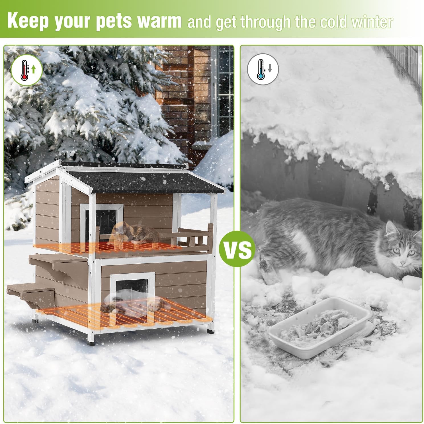 MEDEHOO Heated Cat House Outdoor 2 Story Insulated Liner Feral Cat Shelter Weatherproof for Outside with Heated Pad（Brown）