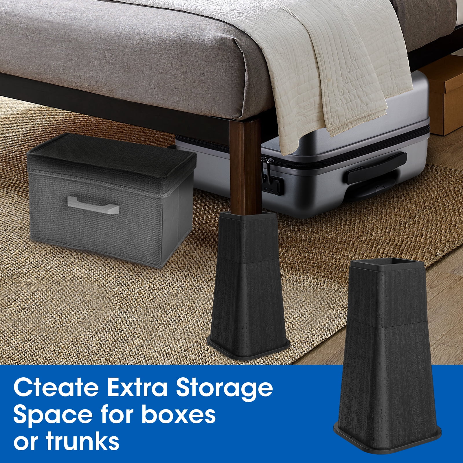Bed Risers 12 Inch Heavy Duty, Stackable Furniture Risers Lifts 4inch 8inch, 12inch for Table, Desk Leg, Sofa, Couch, Supports Up to 6,000 Lbs, Black, 4 Pack