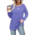 thumbnail image 2 of Htigea Womens Crewneck Tunic Shirts Striped Color Block Long Sleeve Pullover Casual Loose Fit Tops Blue 2XL, 2 of 7