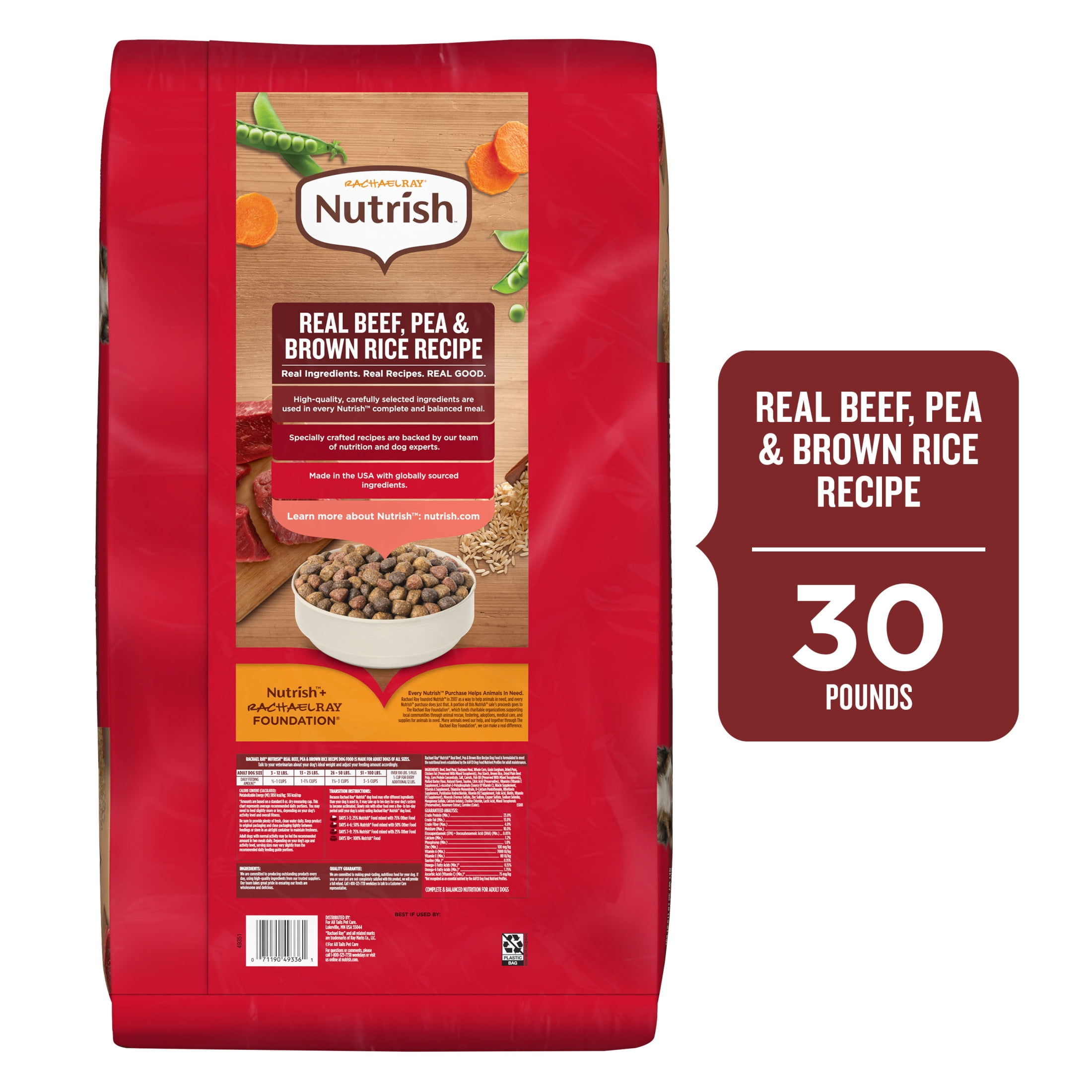 Rachael Ray Nutrish Adult Dry Dog Food Real Beef, Pea & Brown Rice Recipe, 30lb.