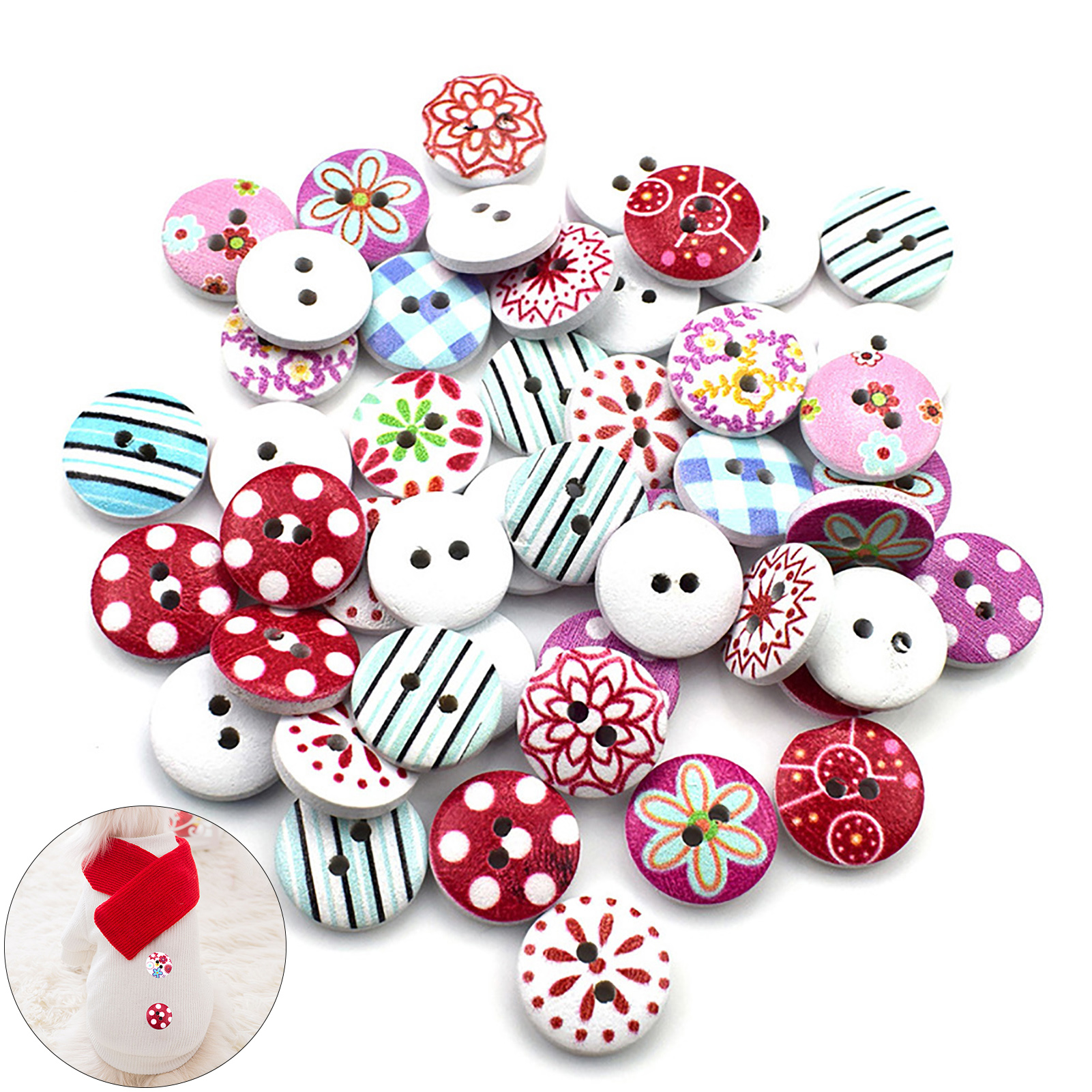 MyBeauty 100Pcs Round Floral Print Wood Buttons Decorative Sewing