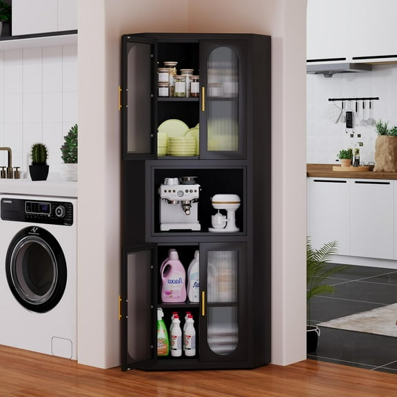 63.6" Tall Corner Cabinet, Metal Pantry Storage Cabinet with 4 Acrylic Glass Doors & 1 Open Bar Shelf, Farmhouse Corner Cupboard for Kitchen Bathroom Living Room Bedroom Hallways (Black)