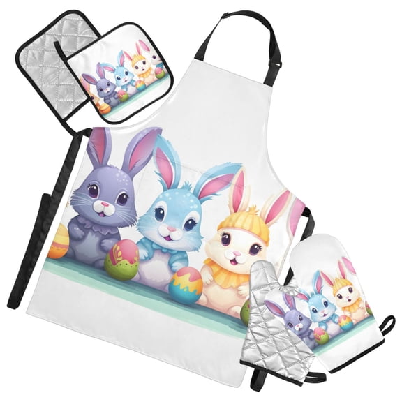 Cute Rabbit and Easter Egg 5 Pcs Kitchen Set Heat Resistant Oven Mitts and Non-Slip Pot Holders with Adjustable Cooking Apron