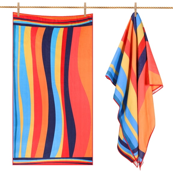 2-Pack Oversized Wavy Striped Cotton Beach Towel, Sandproof Beach Blanket, Quick Dry Highly Absorbent Large Pool Towel for Beach, Camping & Home Use