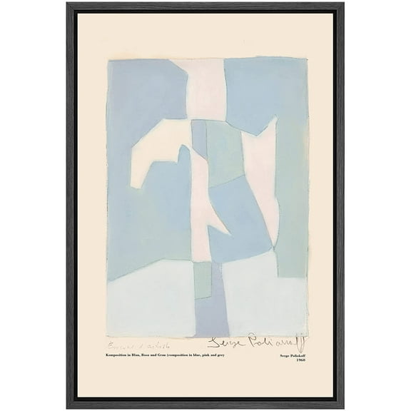 PixonSign Framed Canvas Print Wall Art Serge Poliakoff Blue Pastel Blocks Abstract Shapes Illustrations Fine Art Decorative Minimalist Relax/Calm for Living Room, Bedroom, Office - 16"x24" Black