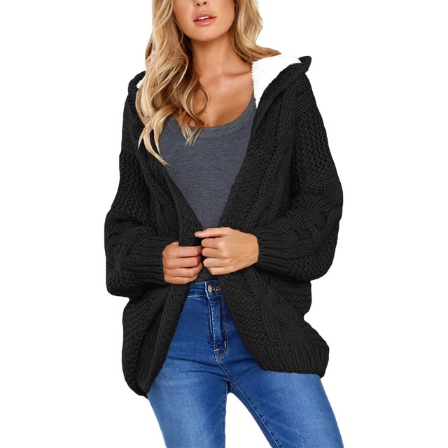 SHEWIN Womens Sweaters Hooded Open Front Fleece Cardigan Long Sleeve Chunky Knit Sweater Button