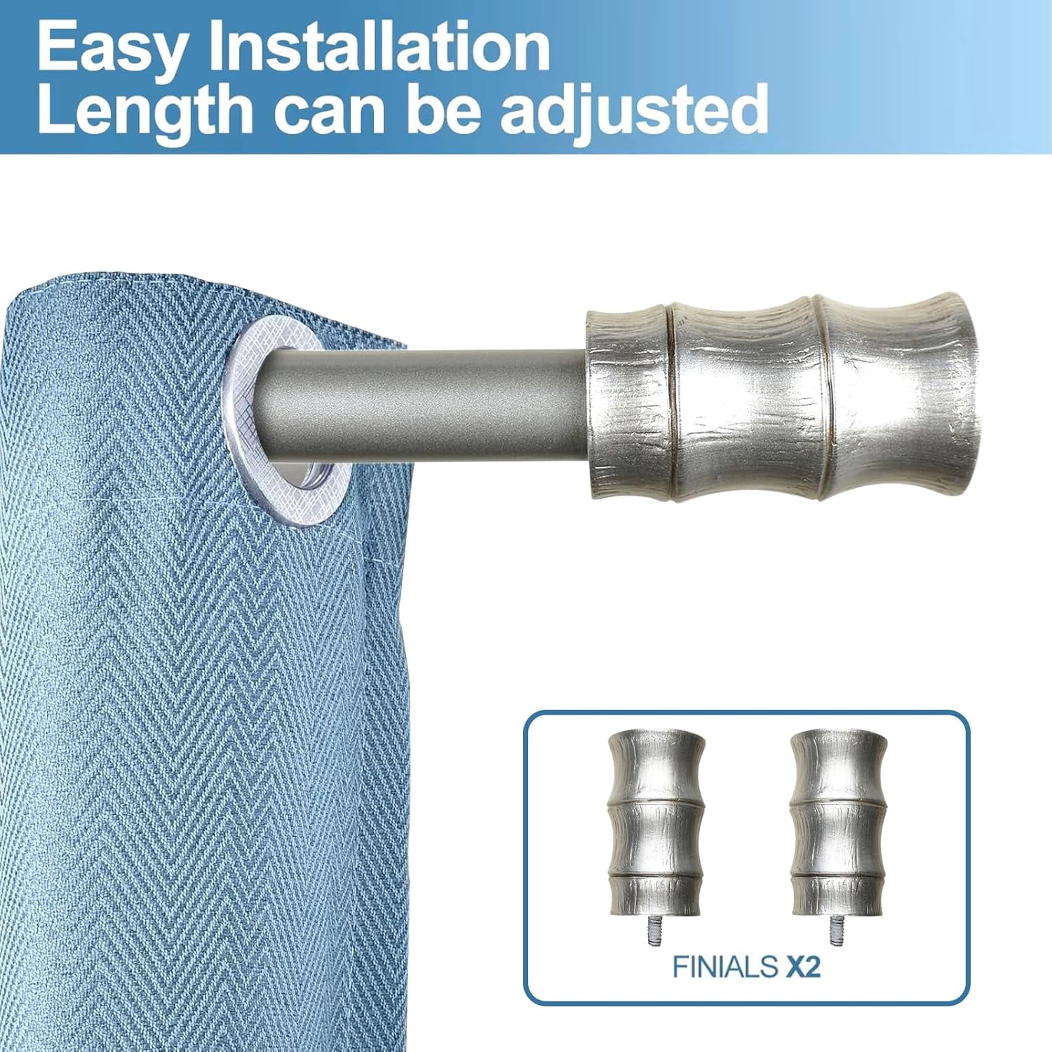 Urbanest Adjustable Single Curtain Rod Set Bamboo Finials – 1 - Inch Diameter, With Pewter Rod, 48–84 Inches