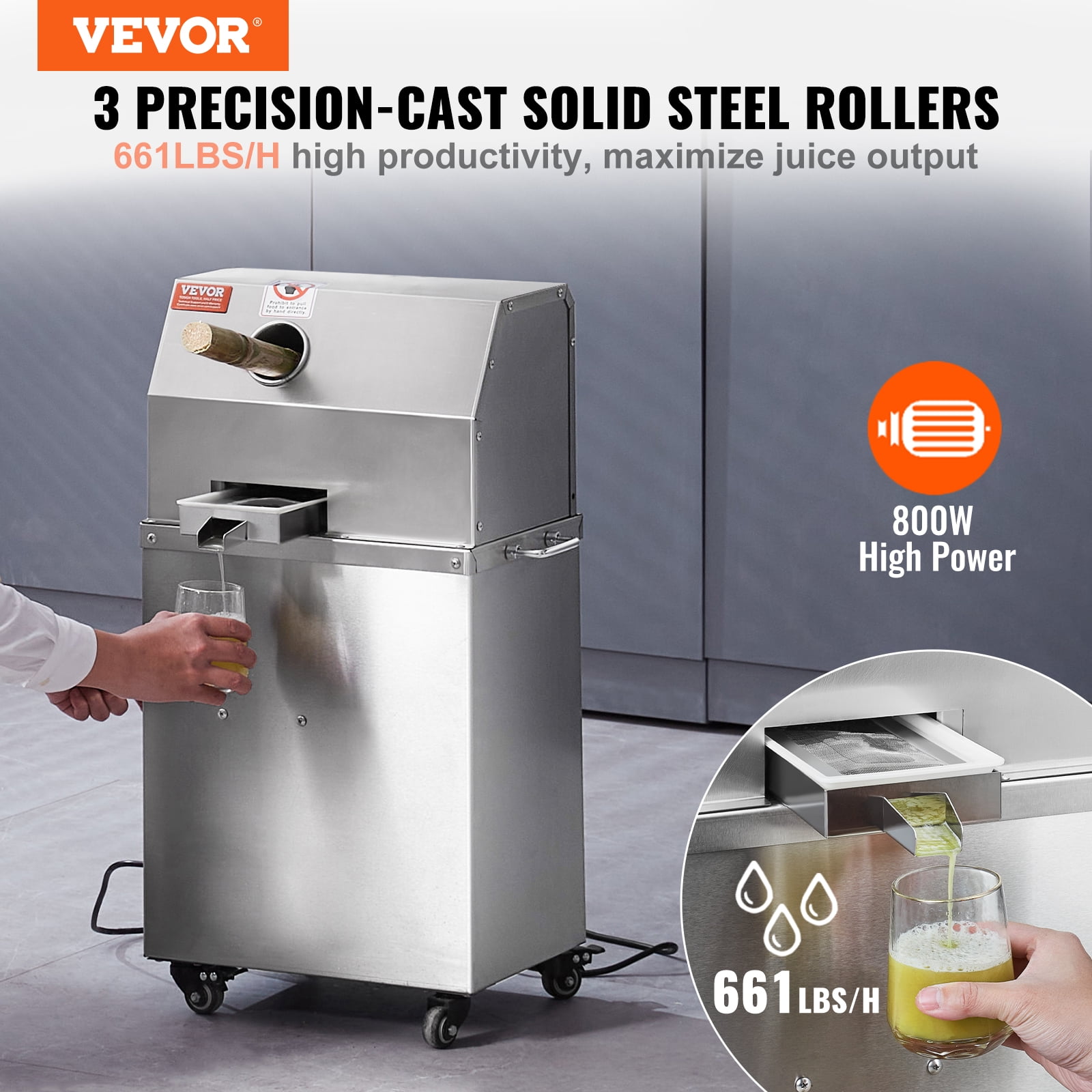 KFFKFF 800W Electric Sugar Cane Juicer 661LBS/H Output 3 Rollers 2.4" Large Inlet