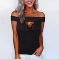 thumbnail image 2 of asdoklhq Womens Plus Size Tops, T Shirts For Women Summer Casual Top Hollow Lace Stitching Shirt One Shoulder Solid Color Top, 2 of 5