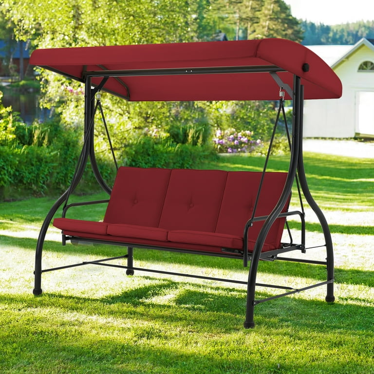 AECOJOY 3 Person Canopy Steel Porch Swing Converting Swing Glider Hammock Red