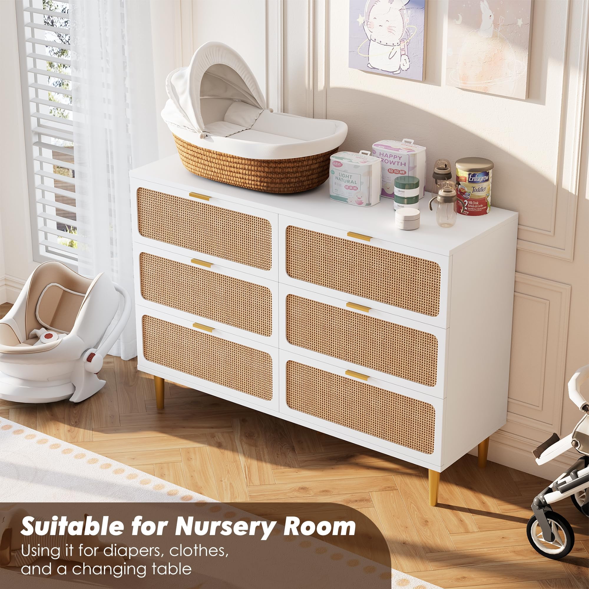 Senfot 6 Drawer Dresser for Bedroom, Large Modern Double Dresser for Closet with Wide Top, Rattan Chest of Drawers with Deep Drawers, Horizontal Wooden Dresser for Hallway, Living Room, White
