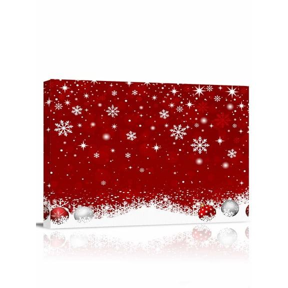 Christmas Red Canvas Print Wall Art Winter White Christmas Balls Snowflakes Star Pictures Painting Morden Artwork for Living Room Bedroom, Ready to Hang - 12"x16"