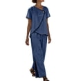 thumbnail image 2 of Pounoo Cotton Sets for Women 2 Piece Asymmetric Wrap Neck Single Button Short Sleeve Tops Contrast Edge Wide Leg Pants Casual Daily Outfits Gift, 2 of 6