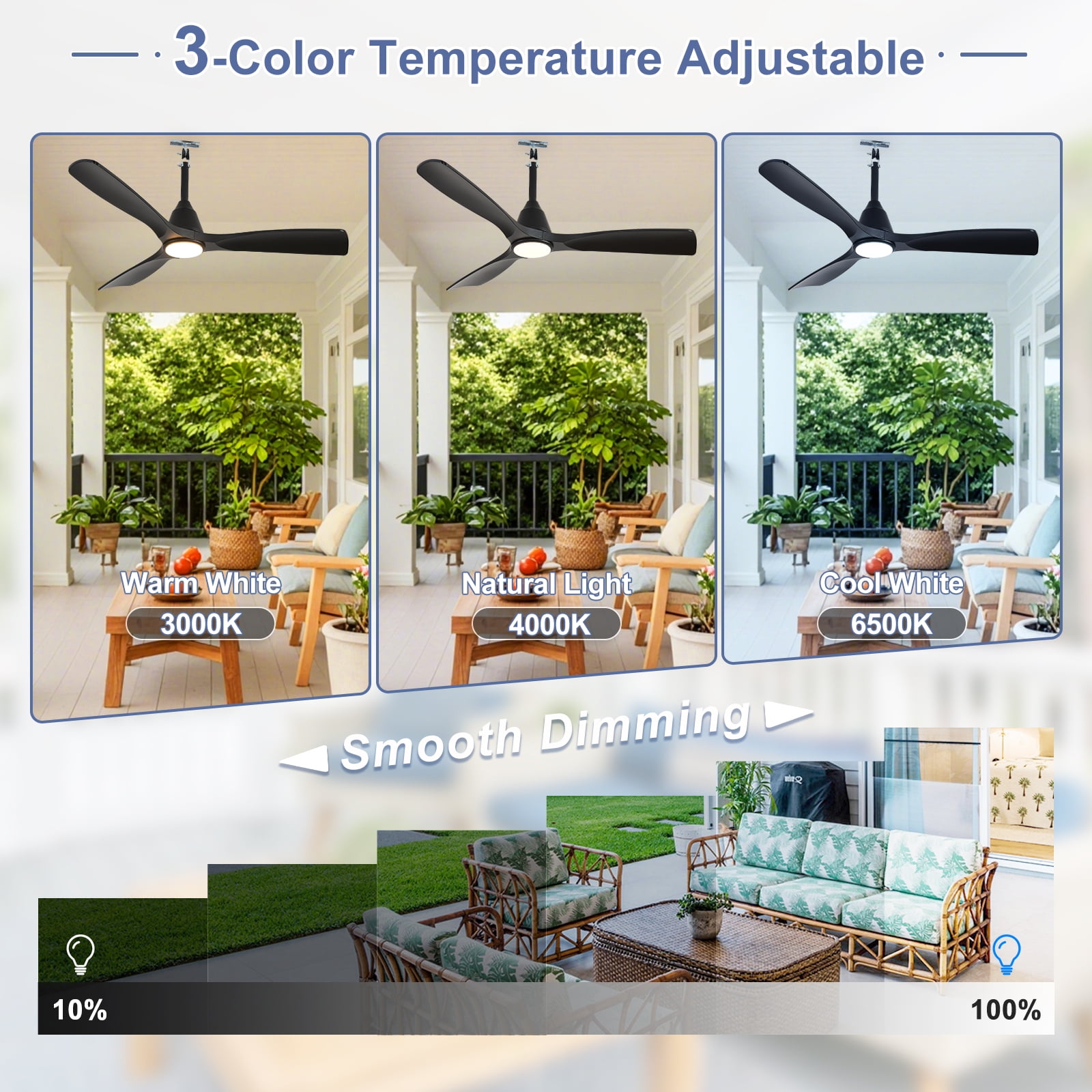 Depuley 42-Inch Waterproof Ceiling Fan with Light - Plug-in Hanging Fan Remote & App Control, 3CCT LED for Gazebo & Patio, Black Blades