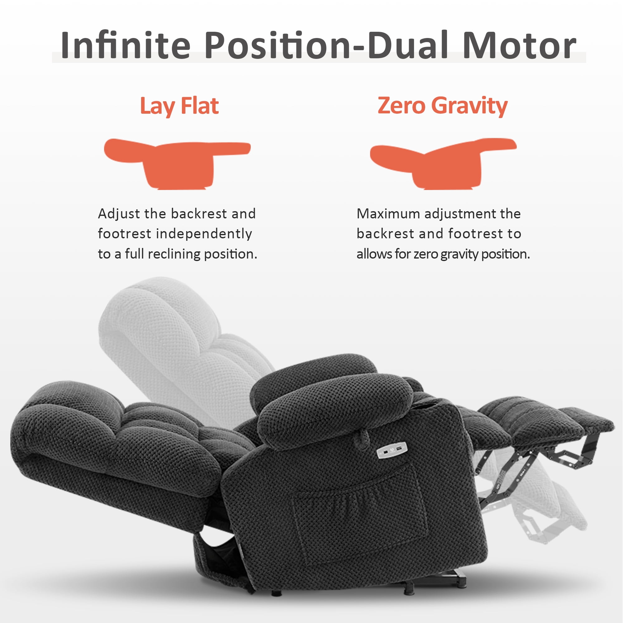 MCombo 22.4" Seat Width Lay Flat Dual Motor Power Recliner Lift Chair with Vibration and Heat, Infinite Position, Dark Grey