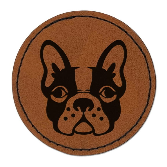 French Bulldog Face 2.5" Faux Leather Round Engraved Iron-On Patch - Brown