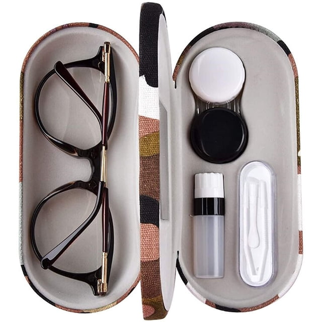 2 in 1 Double Sided Portable Contact Lens Case and Glasses Case,Dual Use Design with Built-in Mirror, Tweezer and Solution Bottle Included for Travel Kit
