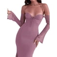 thumbnail image 3 of xiaxaixu Robe Midi Élégante pour Femmes, Bretelles Licou, Décolleté Bas, Manches Longues, Couleur Unie, Robe de Soirée Sirène, 3 of 9