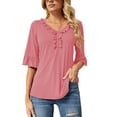 thumbnail image 1 of Camiseta Casual Falbala Cuello En V Media Manga Acampanada Tops Sueltos De Moda Básicos Para Mujer Rosa L, 1 of 6