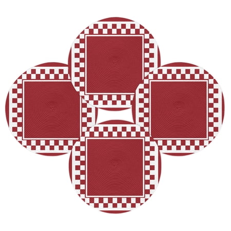 Round Placemats Set of 4 Red Squares Place Mats Washable Woven Placemat Modern Block Checkered Border Circle Braided Table Mat for Kitchen Dining Table Party Home Decor 15 Inch