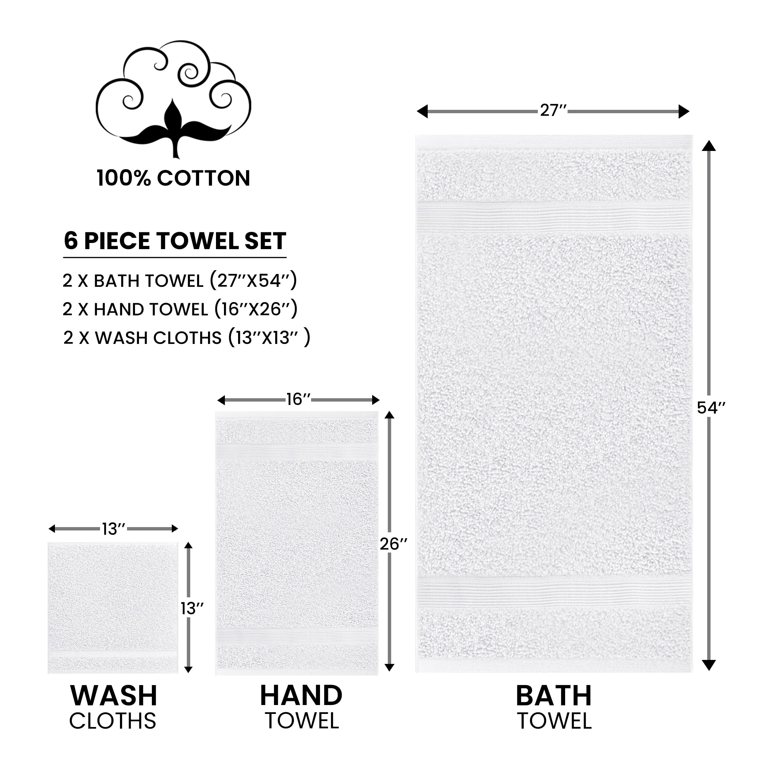 Lux Decor 6 Piece Bath Towel Set 525 GSM, 100% Cotton Towels for Bathroom, Spa & Hotels - Zero Twist 2 Large Bath Towels, 2 Hand Towels & 2 Washcloths – Quick Dry & Highly Absorbent - White