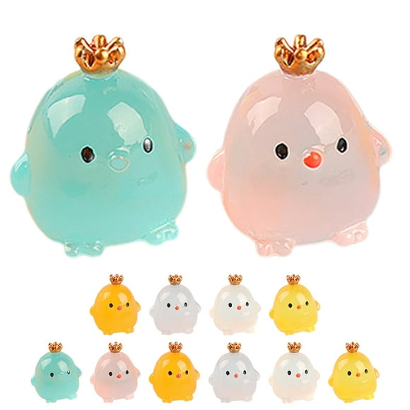 15 Uds Mini corona pollitos decoraciones luminosas dibujos animados pollos juguetes artesanía de resina Mini figuritas de pollos