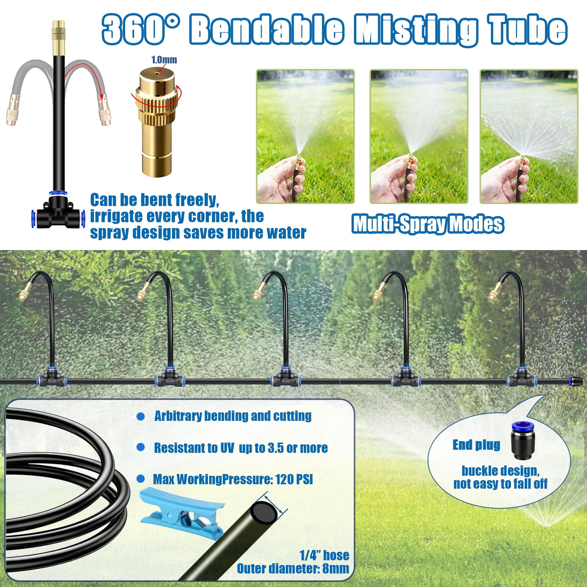Drip Irrigation System-50ft 1/4" Garden Watering System With 16pcs Copper Nozzles  360° Curved Automatic For Garden/lawn/greenhouse/raised Beds/outdoor Plants