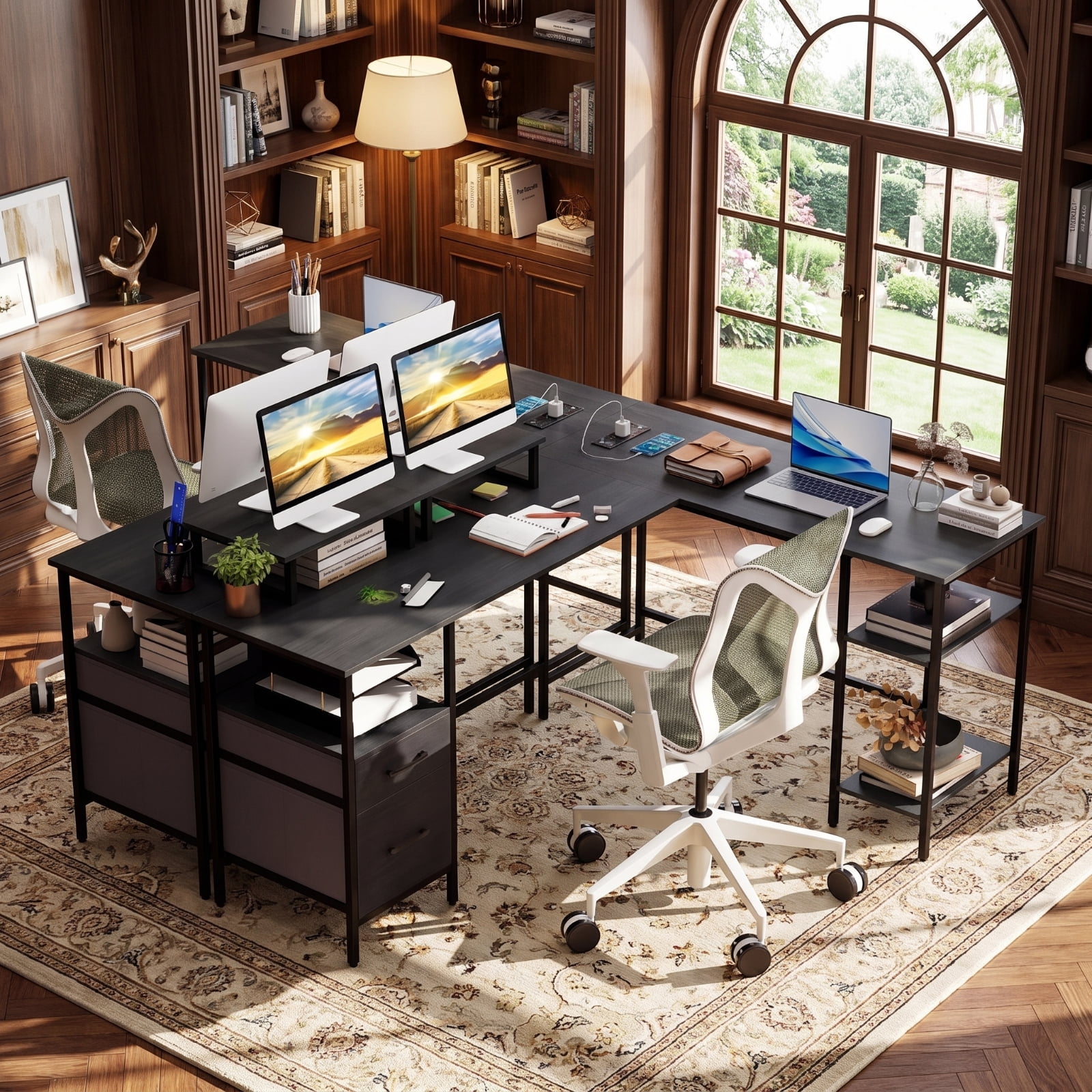 Furnibear L Shaped Desk with Power Outlet, Reversible Corner Computer Desk with Monitor Stands and 2 Drawers for Home Office Gaming, Rustic Brown