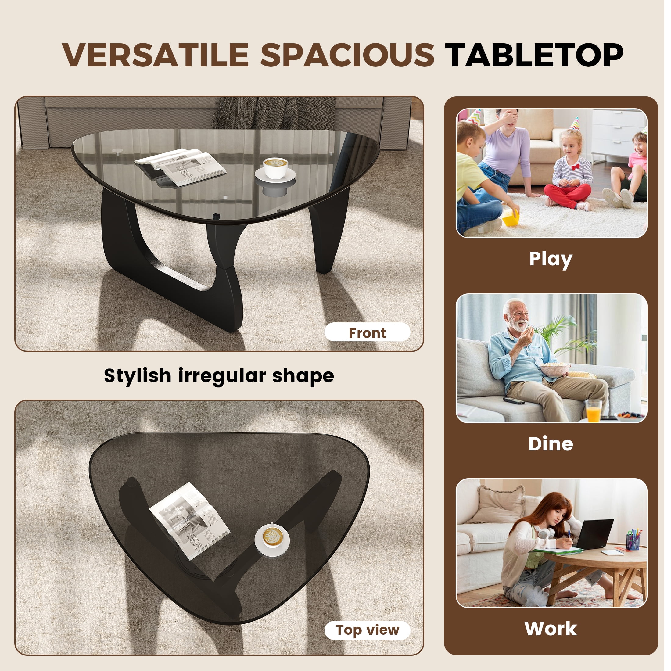 Daluvenix Modern Glass Coffee Table Triangle Coffee Table for Living Room with Glass Top and Wood Base