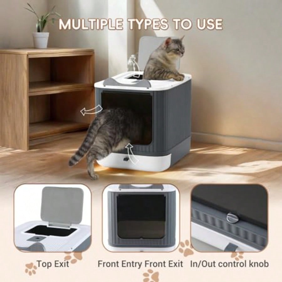 Foldable Cat Litter Box Fully Enclosed Litter Box with Lid Covered Kitty Kitten Litter Boxes Enclosure with Scoop Odor Control Easy to Clean 3 Modes for Cat up to 12 lbs WhiteGrey