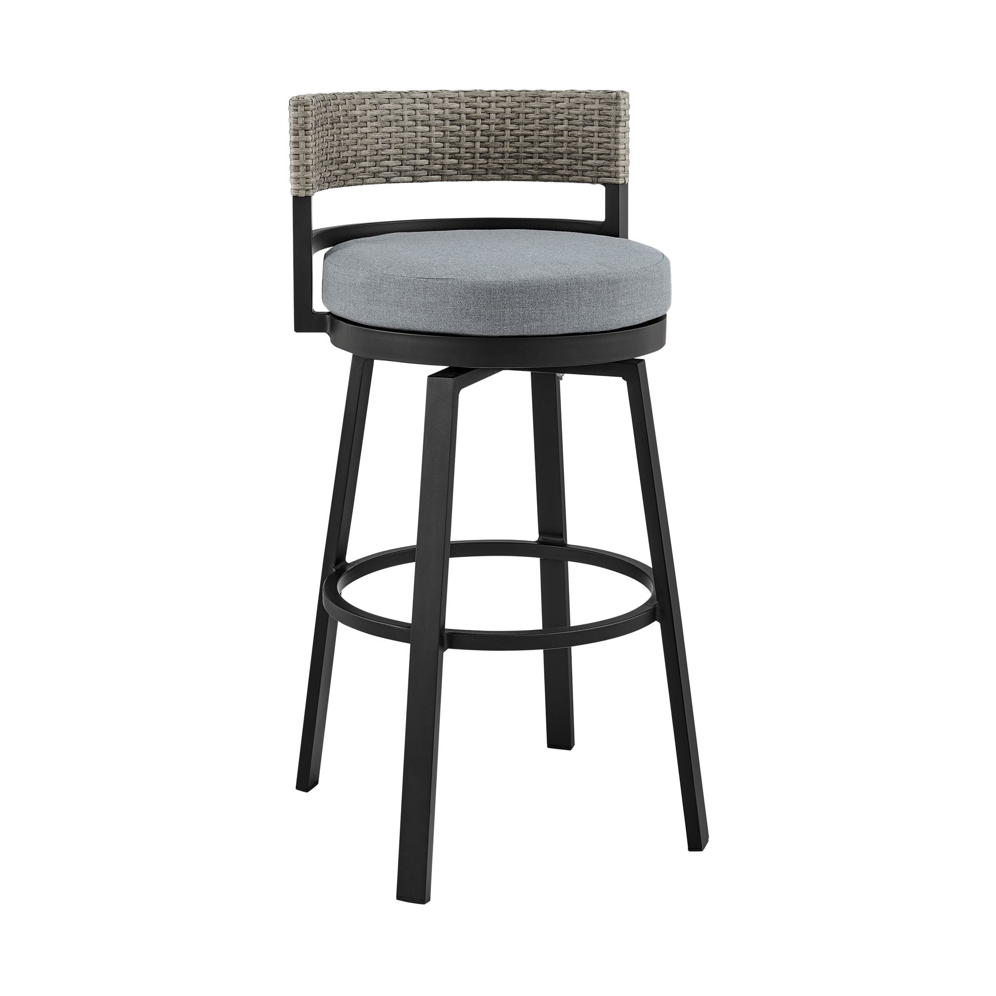 Encinitas Outdoor Patio Swivel Bar Stool in Aluminum and Wicker with Gray Cushions - Set of 2