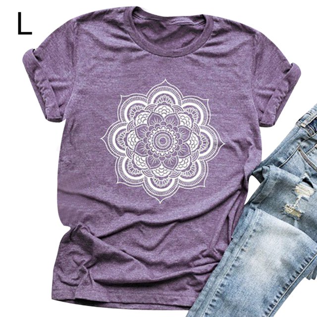Camiseta de mujer Blusa de verano con cuello redondo y manga corta floral, Morado, L seitruly AP002559-15