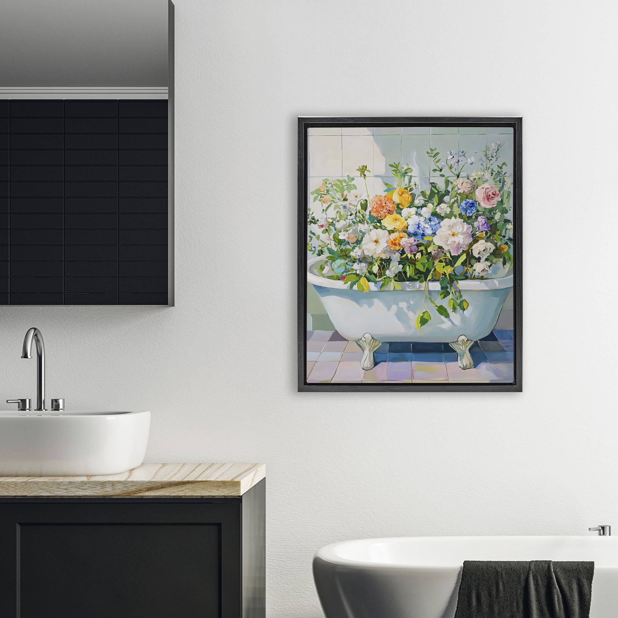 Stupell Industries Vintage Bathtub Bouquet Overgrowth Black Framed Floater Canvas Wall Art, design by The Prints Vibe