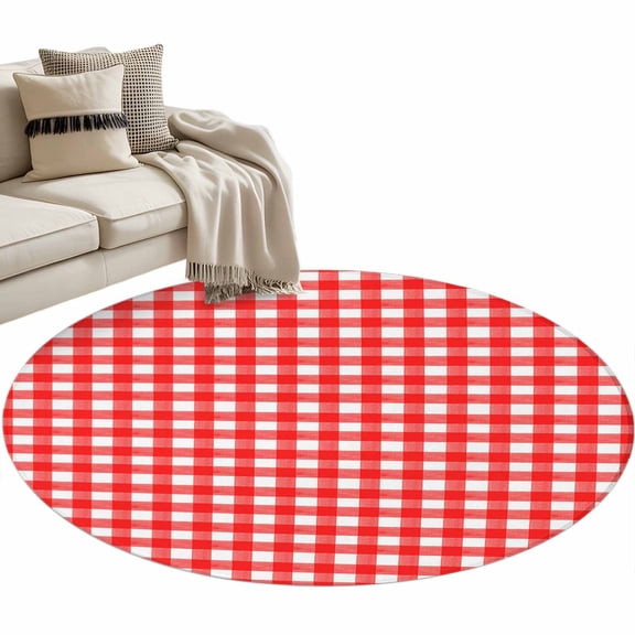 Round Rugs 3 Ft, Red Non Slip Area Rugs for Kitchen Bedroom Entryway, Country French Rustic Buffalo Plaid Modern Art Washable Carpet Runner Rug Floor Mats for Bedroom Home Decor